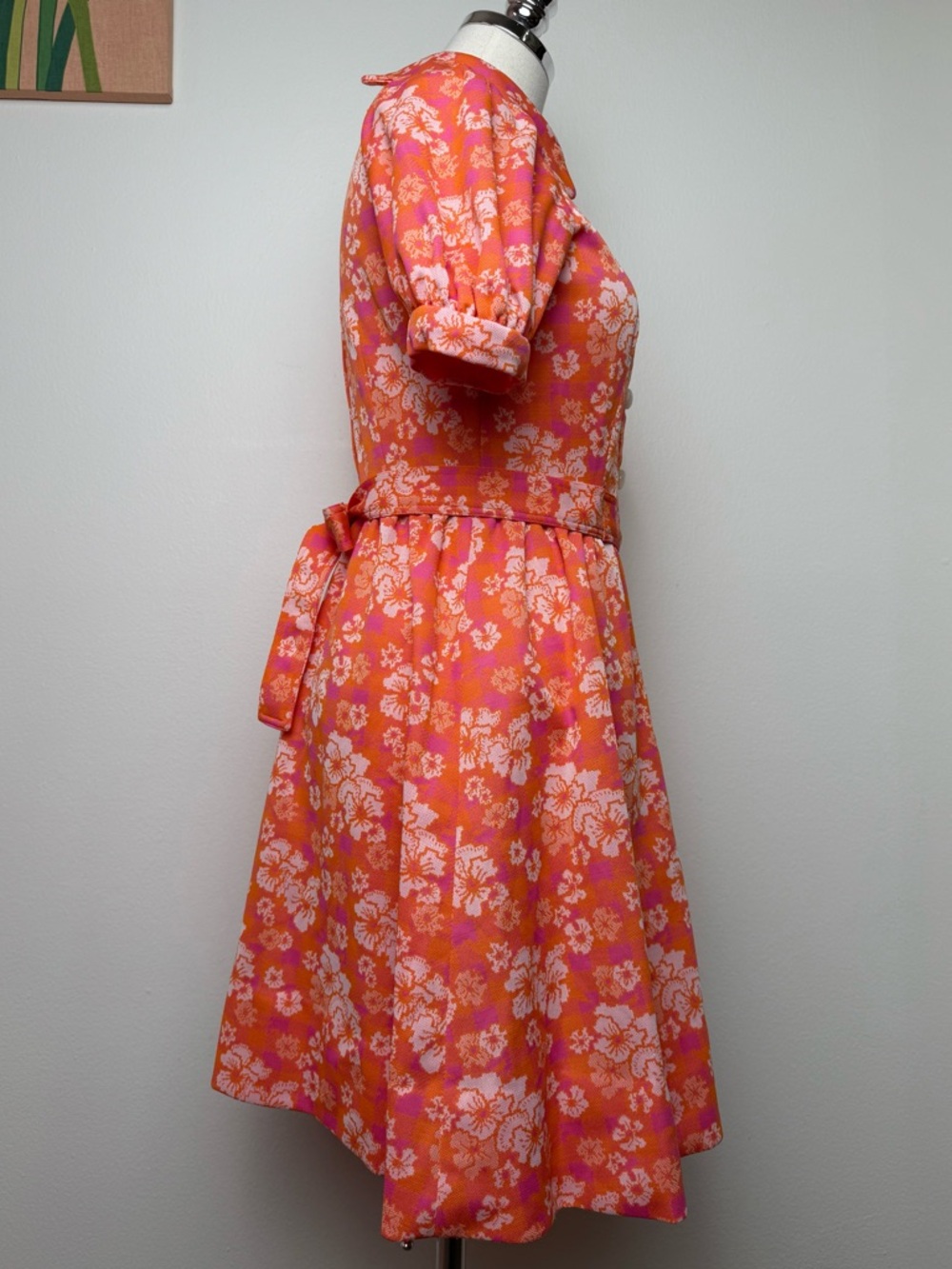 True Vintage Orange Pink White Floral Puff Sleeve Collar Mini Dress Small - Picture 3 of 10